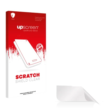 Vorderseite einer Produktverpackung mit dem Markenlogo upscreen. Daneben ist der zugehörige Displayschutz.