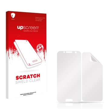 Vorderseite einer Produktverpackung mit dem Markenlogo upscreen. Daneben ist der zugehörige Displayschutz.