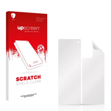 Vorderseite einer Produktverpackung mit dem Markenlogo upscreen. Daneben ist der zugehörige Displayschutz.