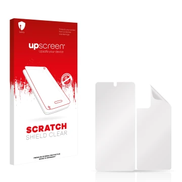 Vorderseite einer Produktverpackung mit dem Markenlogo upscreen. Daneben ist der zugehörige Displayschutz.