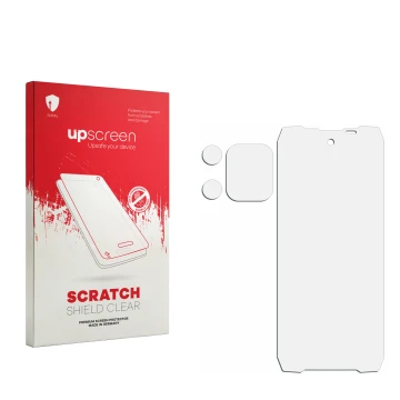 Vorderseite einer Produktverpackung mit dem Markenlogo upscreen. Daneben ist der zugehörige Displayschutz.