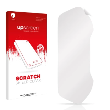 Vorderseite einer Produktverpackung mit dem Markenlogo upscreen. Daneben ist der zugehörige Displayschutz.