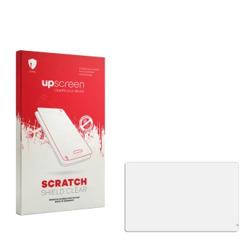 Vorderseite einer Produktverpackung mit dem Markenlogo upscreen. Daneben ist der zugehörige Displayschutz.