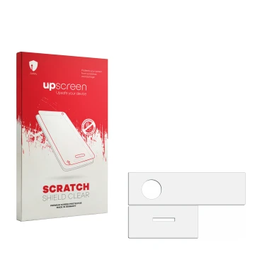 Vorderseite einer Produktverpackung mit dem Markenlogo upscreen. Daneben ist der zugehörige Displayschutz.