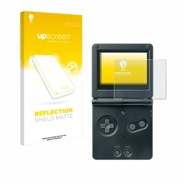 Vorderseite einer Produktverpackung mit dem Markenlogo upscreen. Daneben ist das Gerät Nintendo Gameboy Advance GBA SP mit dem