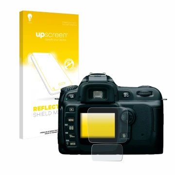Vorderseite einer Produktverpackung mit dem Markenlogo upscreen. Daneben ist das Gerät Nikon D50 mit dem zugehörigen Displaysc