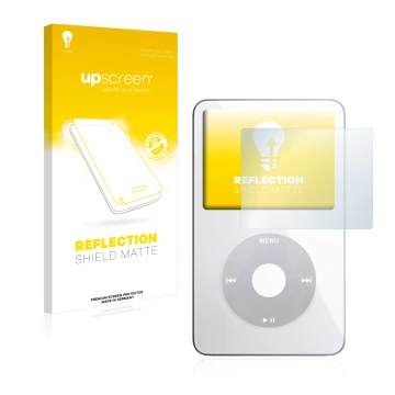 Vorderseite einer Produktverpackung mit dem Markenlogo upscreen. Daneben ist das Gerät Apple iPod classic video Display (5. Ge