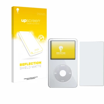 Vorderseite einer Produktverpackung mit dem Markenlogo upscreen. Daneben ist das Gerät Apple iPod Classic Video (Display+Rücks