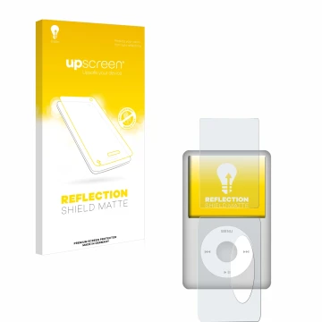 Vorderseite einer Produktverpackung mit dem Markenlogo upscreen. Daneben ist das Gerät Apple iPod Classic (Display+Rückseite, 