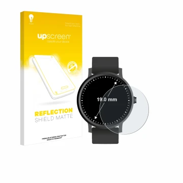 Vorderseite einer Produktverpackung mit dem Markenlogo upscreen. Daneben ist das Gerät Armbanduhren (Kreisrund, ø: 19 mm) mit 