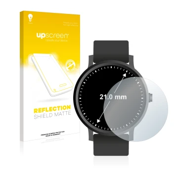 Vorderseite einer Produktverpackung mit dem Markenlogo upscreen. Daneben ist das Gerät Armbanduhren (Kreisrund, ø: 21 mm) mit 
