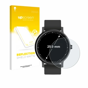 Vorderseite einer Produktverpackung mit dem Markenlogo upscreen. Daneben ist das Gerät Armbanduhren (Kreisrund, ø: 25 mm) mit 