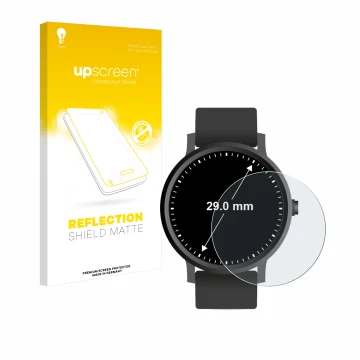 Vorderseite einer Produktverpackung mit dem Markenlogo upscreen. Daneben ist das Gerät Armbanduhren (Kreisrund, ø: 29 mm) mit 