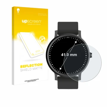 Vorderseite einer Produktverpackung mit dem Markenlogo upscreen. Daneben ist das Gerät Armbanduhren (Kreisrund, ø: 41 mm) mit 