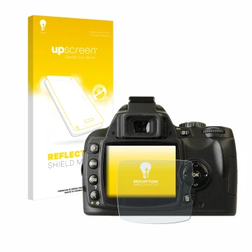 Vorderseite einer Produktverpackung mit dem Markenlogo upscreen. Daneben ist das Gerät Nikon D40x mit dem zugehörigen Displays