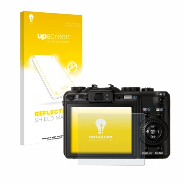 Vorderseite einer Produktverpackung mit dem Markenlogo upscreen. Daneben ist das Gerät Canon PowerShot G9 mit dem zugehörigen 