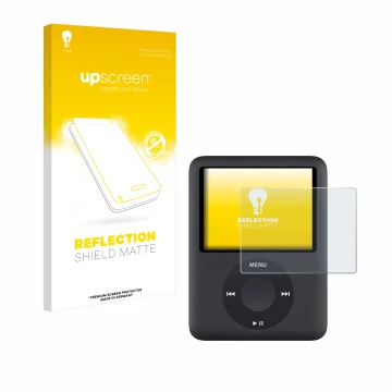 Vorderseite einer Produktverpackung mit dem Markenlogo upscreen. Daneben ist das Gerät Apple iPod nano (3. Gen.) mit dem zugeh