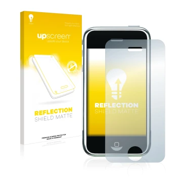 Vorderseite einer Produktverpackung mit dem Markenlogo upscreen. Daneben ist das Gerät Apple iPhone 2G mit dem zugehörigen Dis