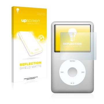 Vorderseite einer Produktverpackung mit dem Markenlogo upscreen. Daneben ist das Gerät Apple iPod Classic (6. Gen.) mit dem zu