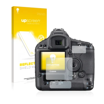 Vorderseite einer Produktverpackung mit dem Markenlogo upscreen. Daneben ist das Gerät Canon EOS 1Ds Mark III mit dem zugehöri