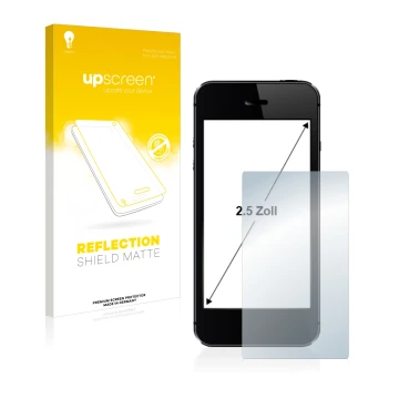 Vorderseite einer Produktverpackung mit dem Markenlogo upscreen. Daneben ist das Gerät mit dem zugehörigen Displayschutz abgeb