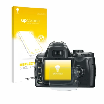 Vorderseite einer Produktverpackung mit dem Markenlogo upscreen. Daneben ist das Gerät Nikon D60 mit dem zugehörigen Displaysc