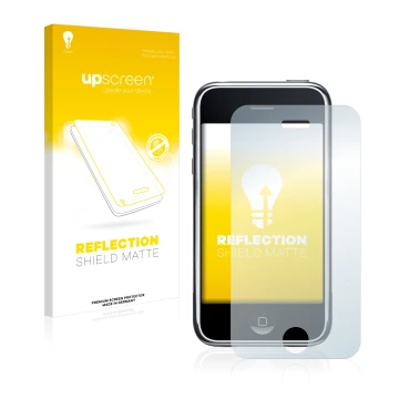 Vorderseite einer Produktverpackung mit dem Markenlogo upscreen. Daneben ist das Gerät Apple iPhone 3G mit dem zugehörigen Dis