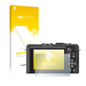 Vorderseite einer Produktverpackung mit dem Markenlogo upscreen. Daneben ist das Gerät Panasonic Lumix DMC-LX3 mit dem zugehör