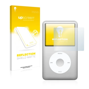 Vorderseite einer Produktverpackung mit dem Markenlogo upscreen. Daneben ist das Gerät Apple iPod classic 120 GB (7. Gen.) mit