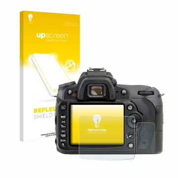 Vorderseite einer Produktverpackung mit dem Markenlogo upscreen. Daneben ist das Gerät Nikon D90 mit dem zugehörigen Displaysc