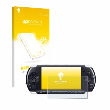 Vorderseite einer Produktverpackung mit dem Markenlogo upscreen. Daneben ist das Gerät Sony PSP 3000 mit dem zugehörigen Displ