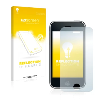 Vorderseite einer Produktverpackung mit dem Markenlogo upscreen. Daneben ist das Gerät Apple iPhone 3GS mit dem zugehörigen Di