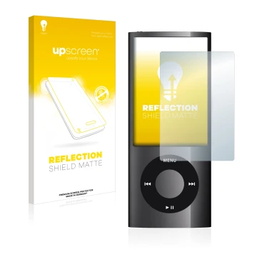 Vorderseite einer Produktverpackung mit dem Markenlogo upscreen. Daneben ist das Gerät Apple iPod nano 2009 (5. Gen.) mit dem 