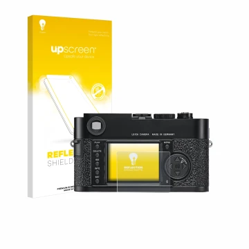 Vorderseite einer Produktverpackung mit dem Markenlogo upscreen. Daneben ist das Gerät Leica M9 mit dem zugehörigen Displaysch