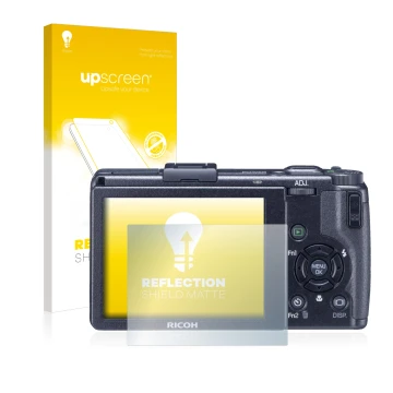 Vorderseite einer Produktverpackung mit dem Markenlogo upscreen. Daneben ist das Gerät Ricoh GR Digital III (2009-2011) mit de