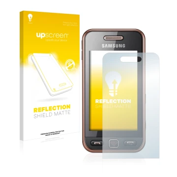 Vorderseite einer Produktverpackung mit dem Markenlogo upscreen. Daneben ist das Gerät Samsung GT-S5230 mit dem zugehörigen Di