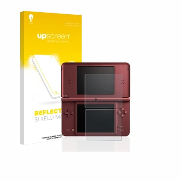 Vorderseite einer Produktverpackung mit dem Markenlogo upscreen. Daneben ist das Gerät Nintendo DSi XL mit dem zugehörigen Dis