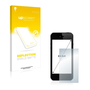 Vorderseite einer Produktverpackung mit dem Markenlogo upscreen. Daneben ist das Gerät mit dem zugehörigen Displayschutz abgeb