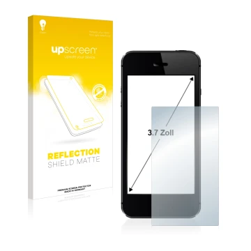 Vorderseite einer Produktverpackung mit dem Markenlogo upscreen. Daneben ist das Gerät mit dem zugehörigen Displayschutz abgeb