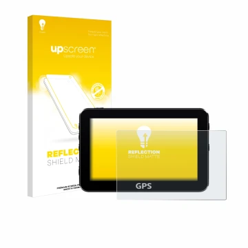 Vorderseite einer Produktverpackung mit dem Markenlogo upscreen. Daneben ist das Gerät mit dem zugehörigen Displayschutz abgeb