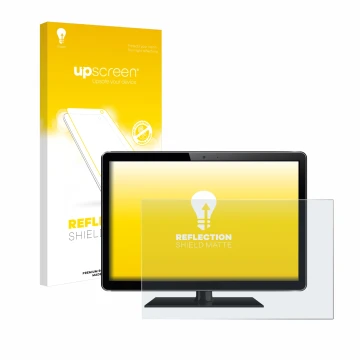 Vorderseite einer Produktverpackung mit dem Markenlogo upscreen. Daneben ist das Gerät mit dem zugehörigen Displayschutz abgeb