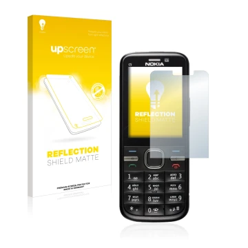 Vorderseite einer Produktverpackung mit dem Markenlogo upscreen. Daneben ist das Gerät Nokia C5-00 mit dem zugehörigen Display