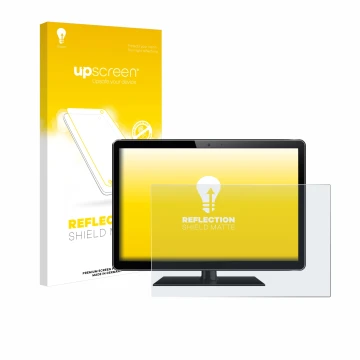 Vorderseite einer Produktverpackung mit dem Markenlogo upscreen. Daneben ist das Gerät mit dem zugehörigen Displayschutz abgeb