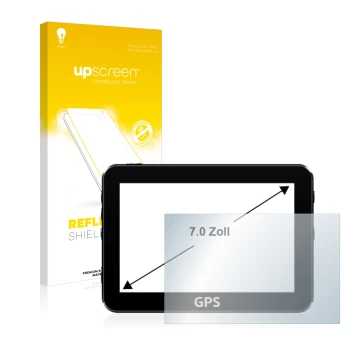 Vorderseite einer Produktverpackung mit dem Markenlogo upscreen. Daneben ist das Gerät mit dem zugehörigen Displayschutz abgeb