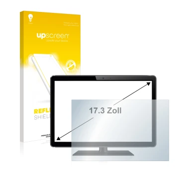 Vorderseite einer Produktverpackung mit dem Markenlogo upscreen. Daneben ist das Gerät mit dem zugehörigen Displayschutz abgeb