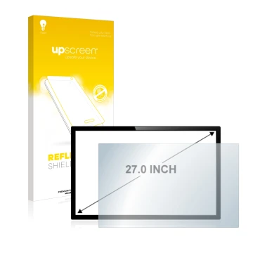 Vorderseite einer Produktverpackung mit dem Markenlogo upscreen. Daneben ist das Gerät mit dem zugehörigen Displayschutz abgeb