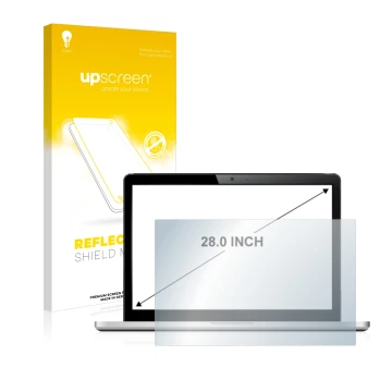 Vorderseite einer Produktverpackung mit dem Markenlogo upscreen. Daneben ist das Gerät mit dem zugehörigen Displayschutz abgeb