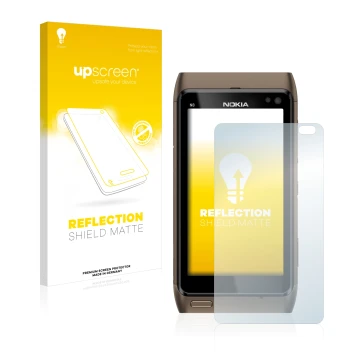 Vorderseite einer Produktverpackung mit dem Markenlogo upscreen. Daneben ist das Gerät Nokia n8 mit dem zugehörigen Displaysch