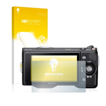 Vorderseite einer Produktverpackung mit dem Markenlogo upscreen. Daneben ist das Gerät Sony Alpha NEX-5 mit dem zugehörigen Di