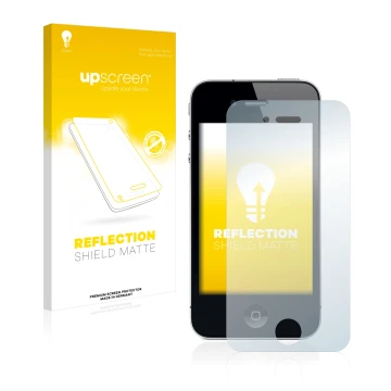 Vorderseite einer Produktverpackung mit dem Markenlogo upscreen. Daneben ist das Gerät Apple iPhone 4 mit dem zugehörigen Disp